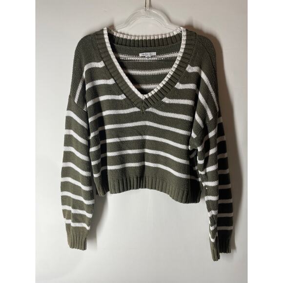 American Eagle Cropped Oversized Knit Sweater V-neck Striped Size Large - Picture 1 of 5